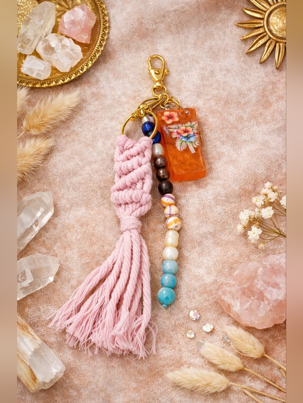 Boho Pink Tassel Keychain with Beads and Charm  316
